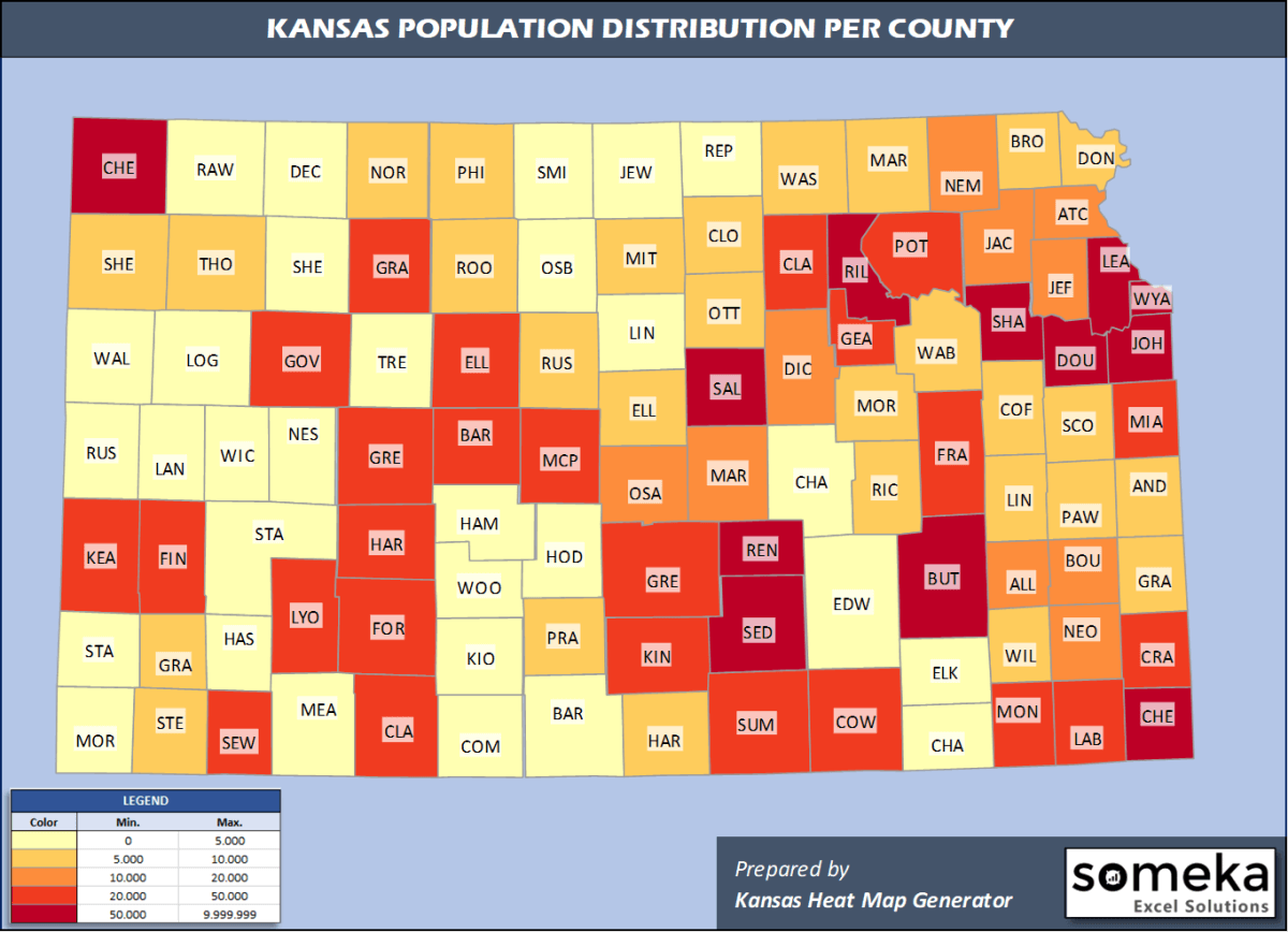 Kansas County Map and Population List in Excel