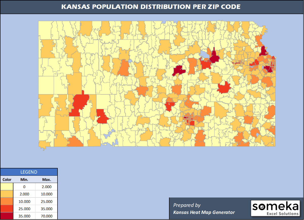 Kansas Zip Code Map and Population List in Excel