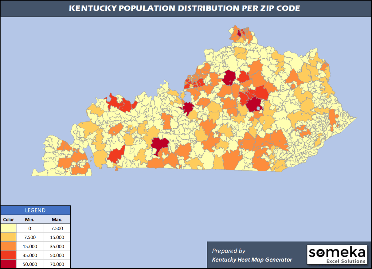 Kentucky Zip Code Map and Population List in Excel