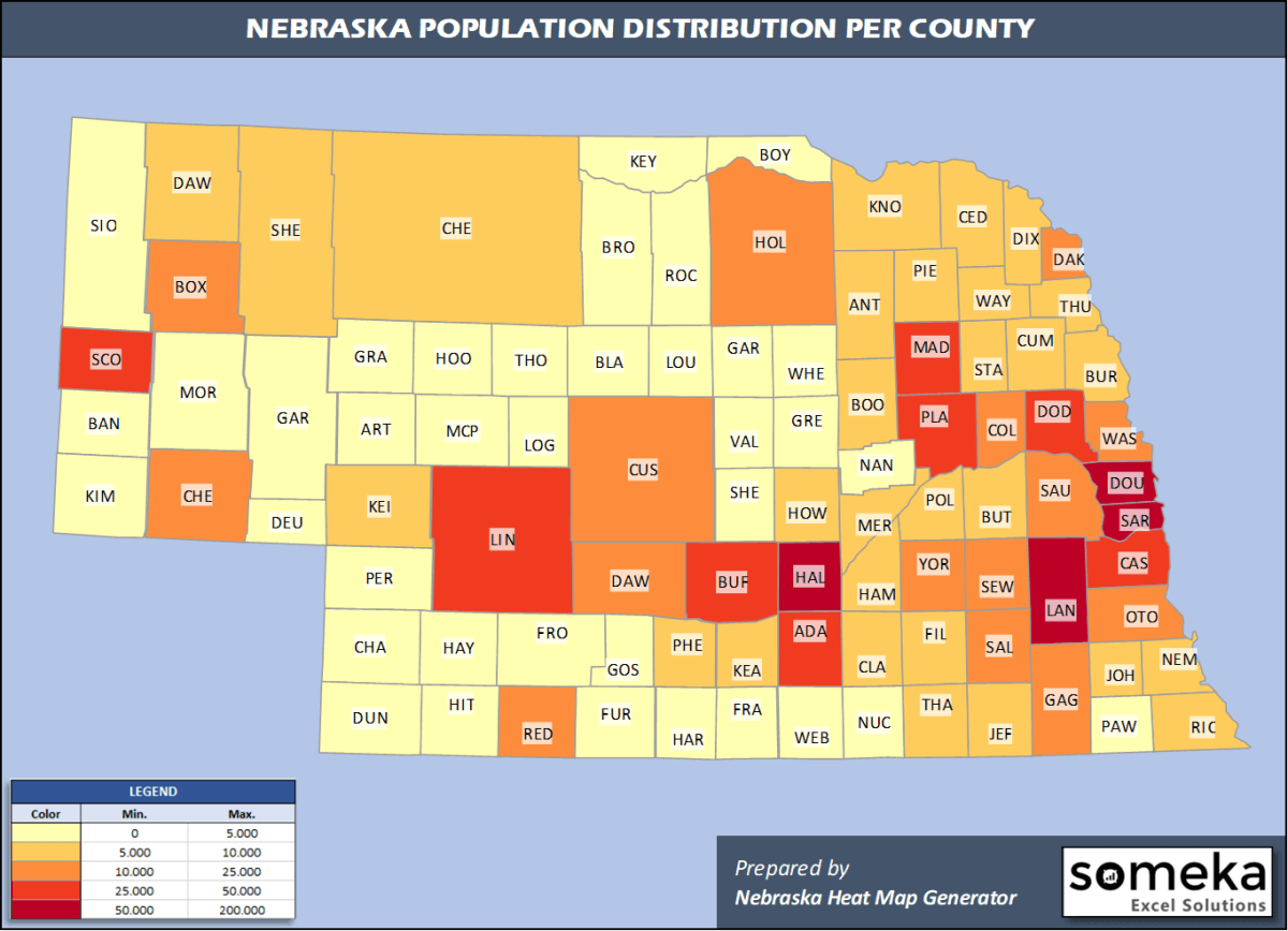 Nebraska County Map and Population List in Excel