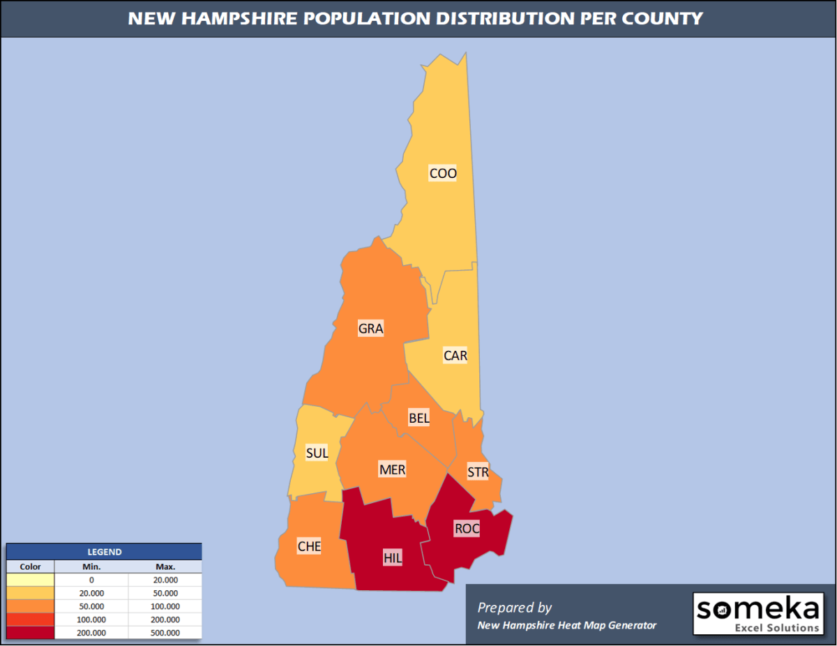 New Hampshire County Map and Population List in Excel