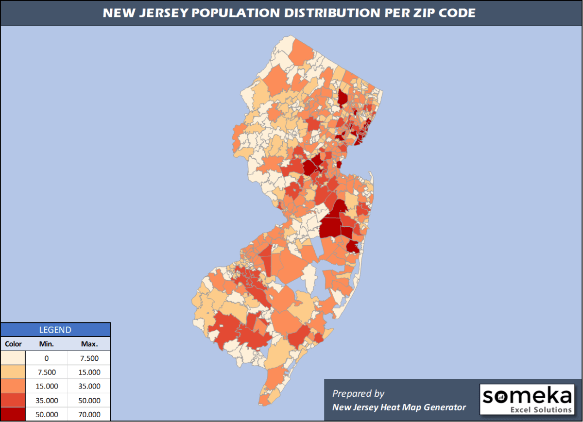 New Jersey Zip Code Map and Population List in Excel