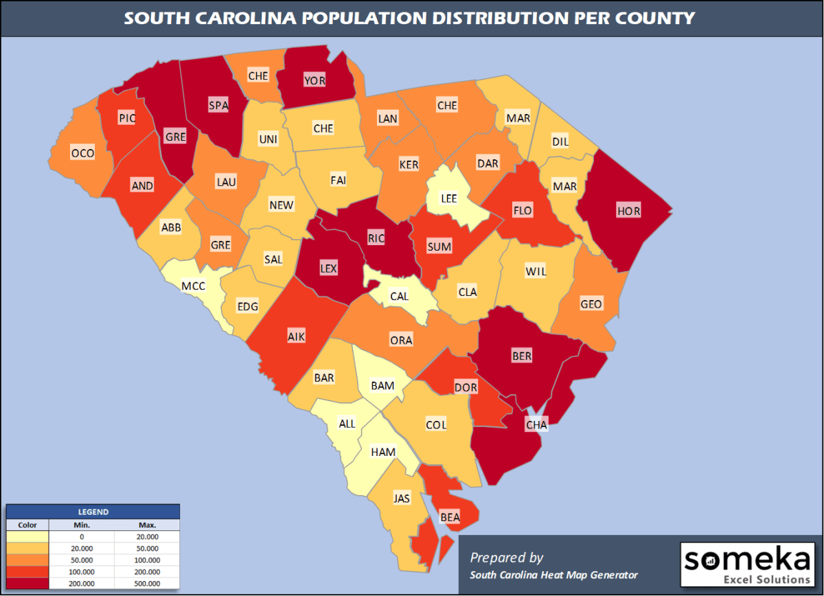 South Carolina County Map and Population List in Excel