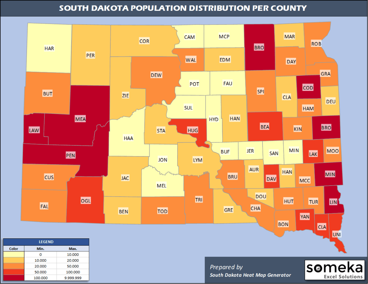 South Dakota County Map and Population List in Excel