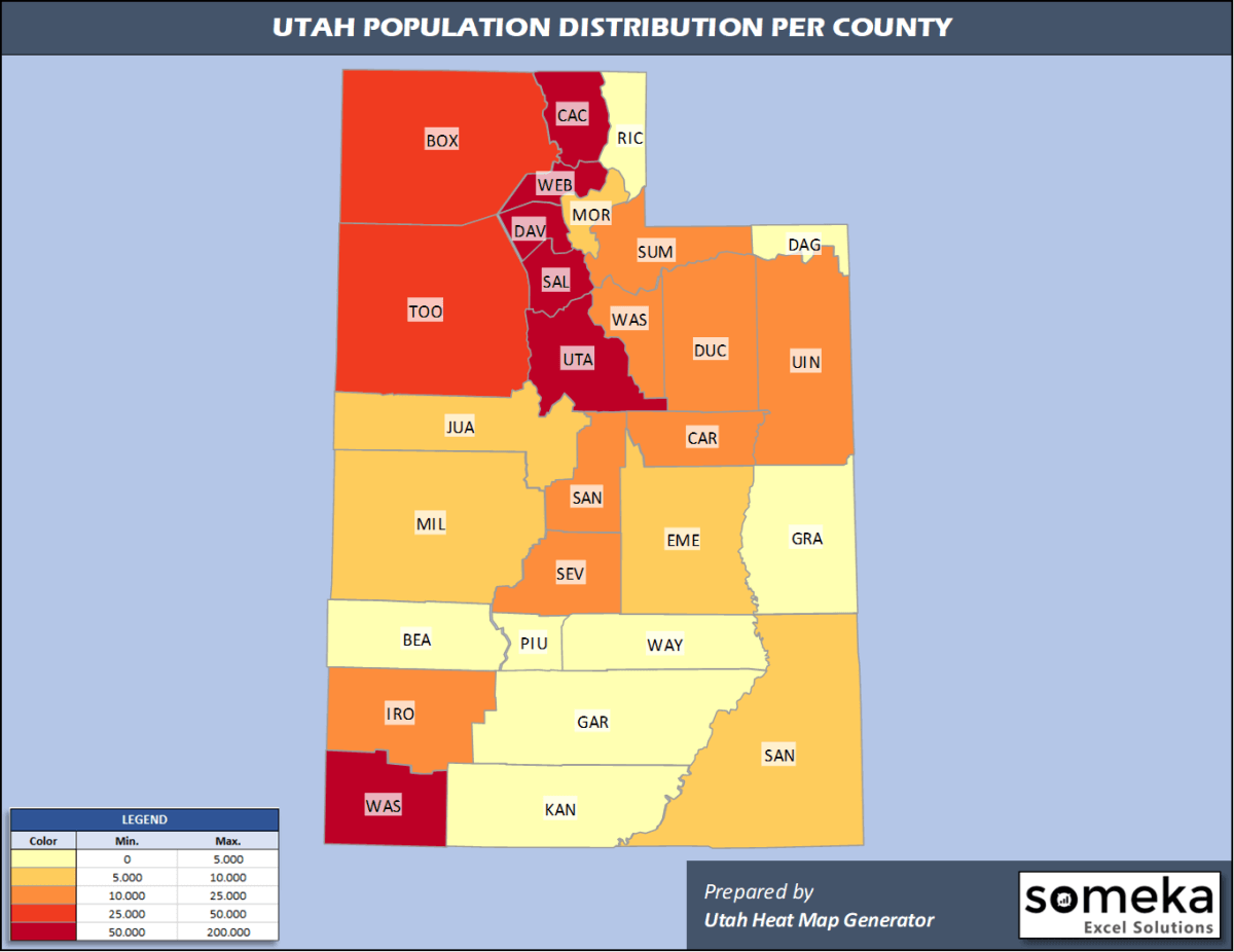 Utah County Map and Population List in Excel