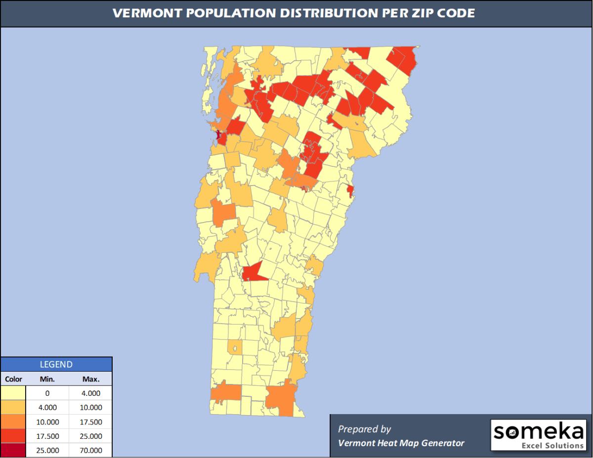 Vermont Zip Code Map and Population List in Excel