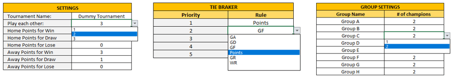 settings for sports match excel template