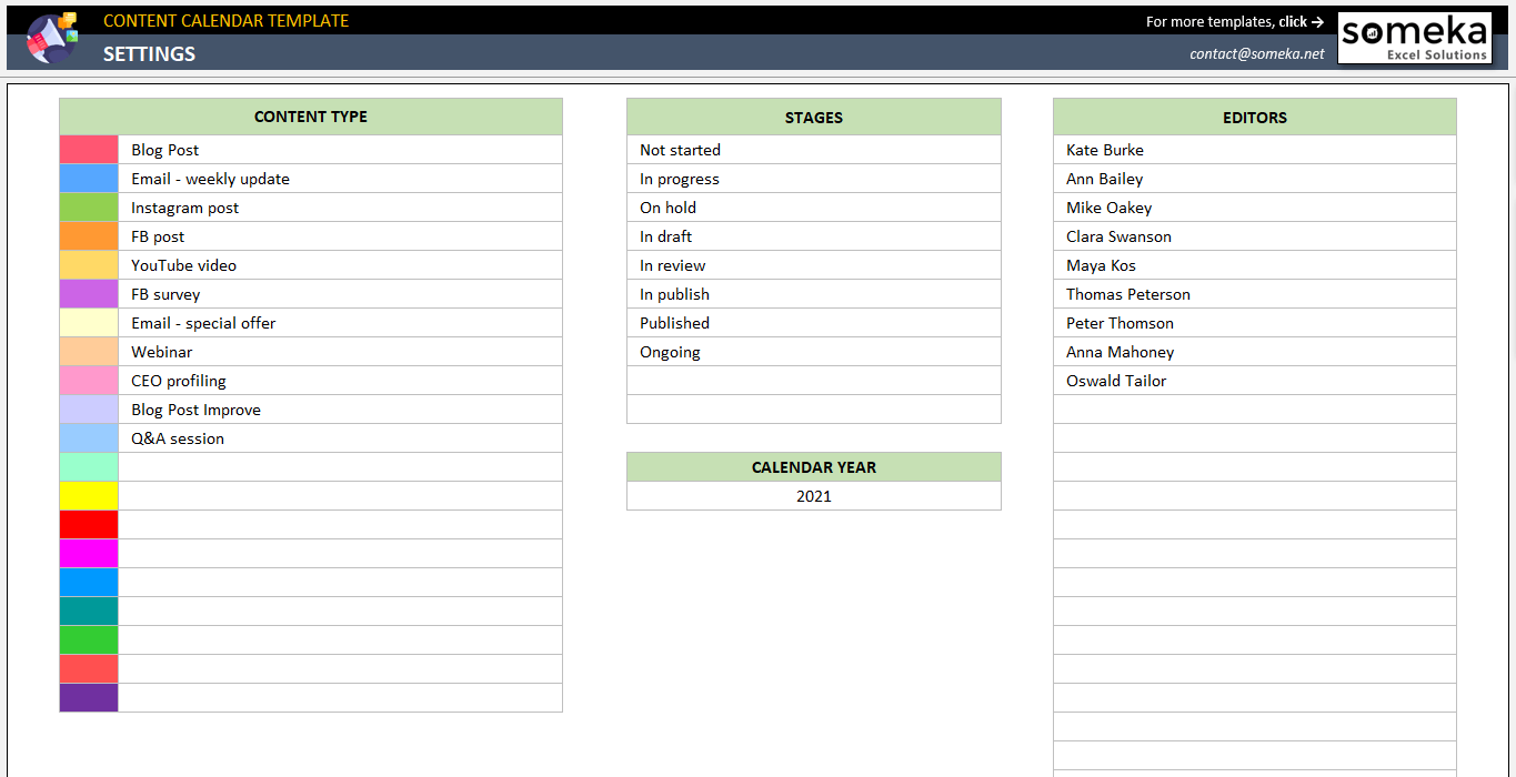 Content Calendar Excel Template | Social Media Content Planner