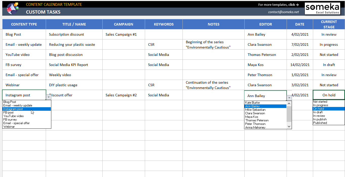 Content Calendar Excel Template Social Media Content Planner