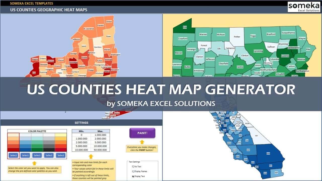 US Counties Heat Map Generators - Someka Excel Template Video