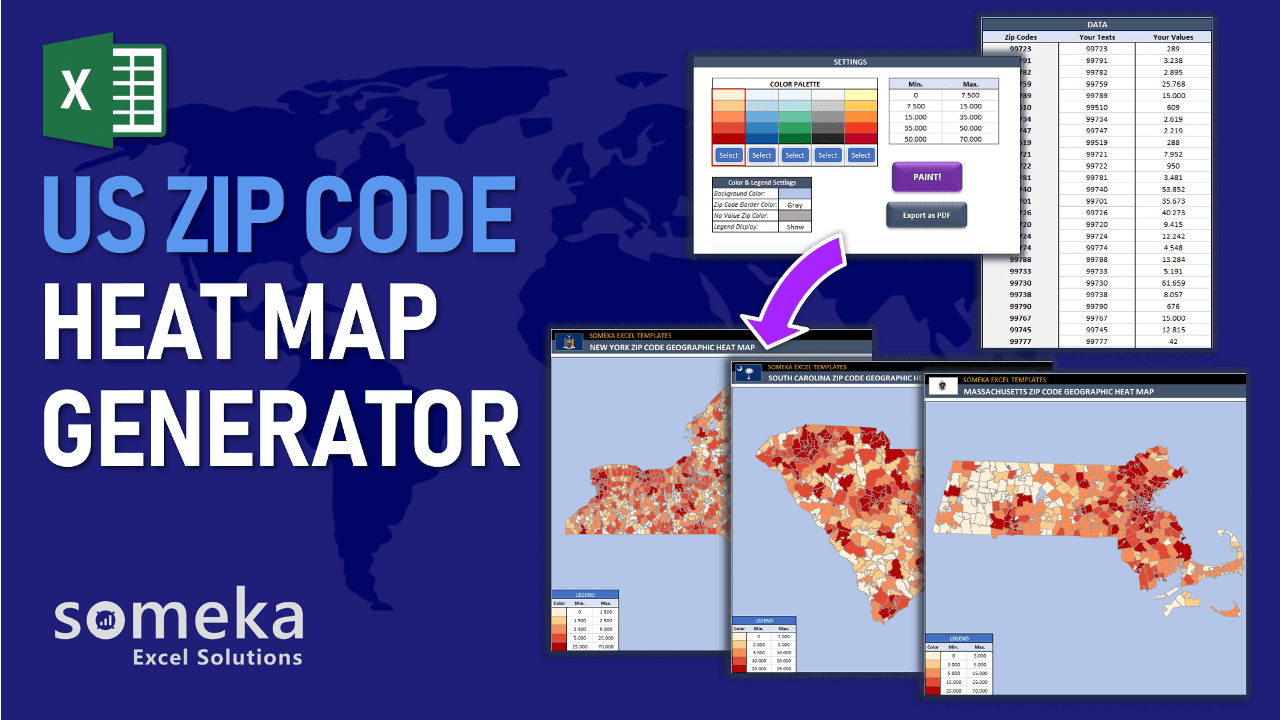 US Zip Code Heat Map Generator - Someka Excel Template Video