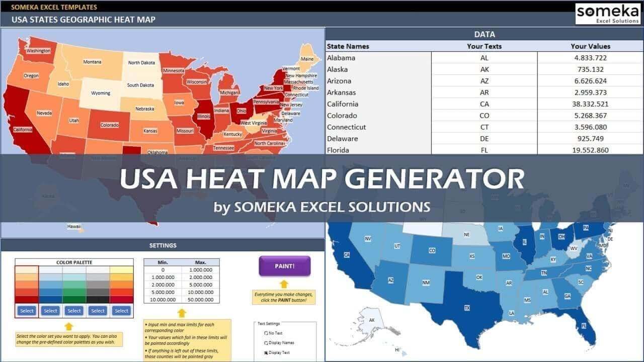 USA Geographic Heat Map Generator - Someka Excel Template Video