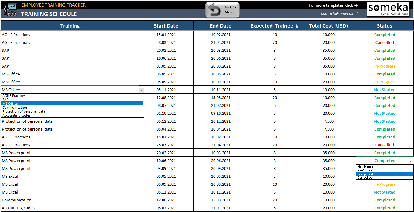 Employee Training Tracker Excel Template | Staff Training Template