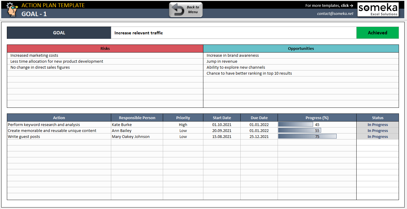 Action Plan Excel Template Goal Setting And Tracking Template