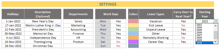 Staff vacation planner software settings