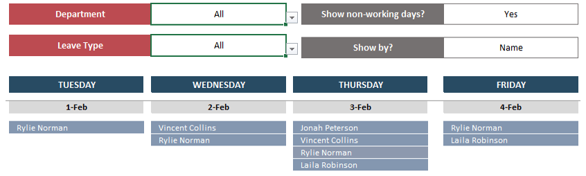 Personnel Vacation Tracking Calendar