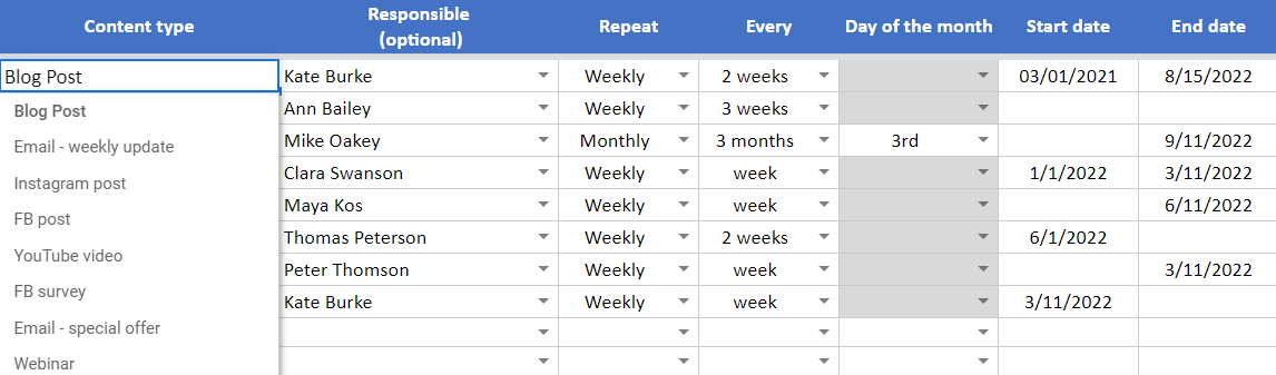 content calendar task scheduler with responsibles