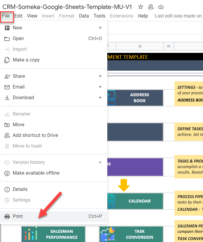 How to print  a CRM Google Sheets Template