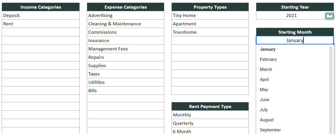 Menu of template settings