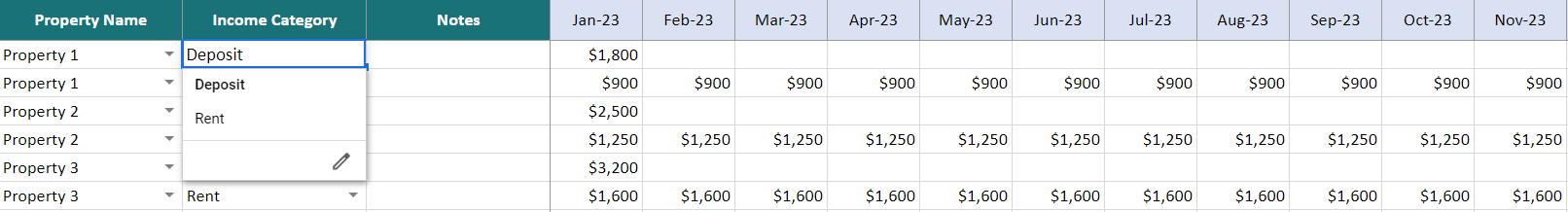 Income Section of template