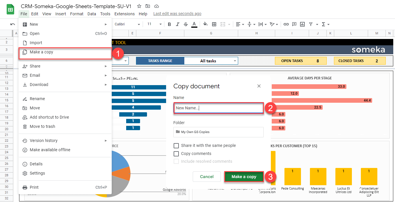 How to copy a google sheets template on CRM