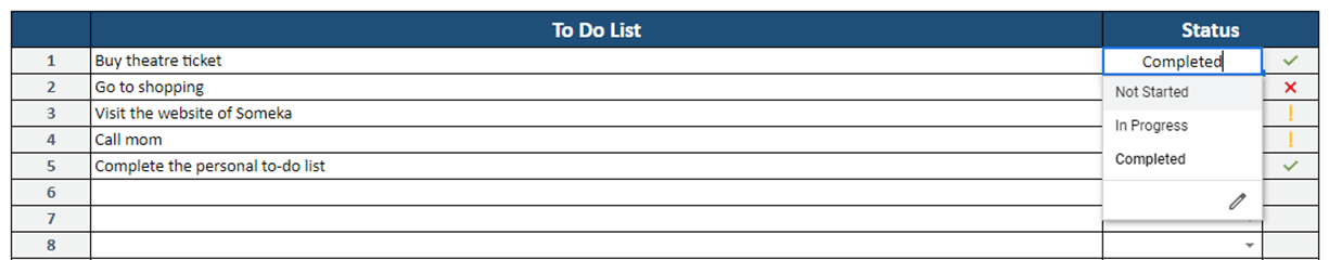 Define the status of each task on your to-do list table