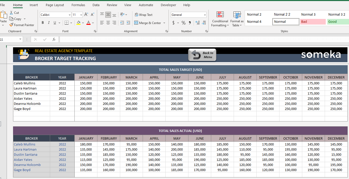 Real Estate Agency Excel Template | Agent Performance Tracker