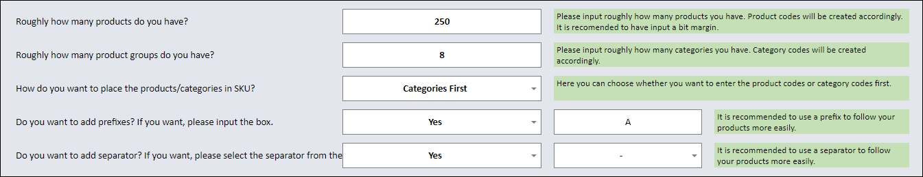 Setting Panel to choose product number and to add prefixes