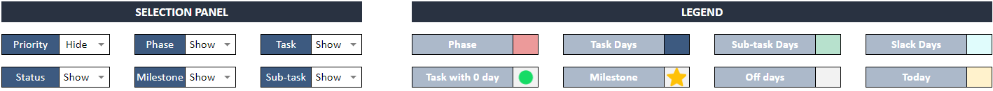 Selection Plan and Legend to choose the priority, milestones and off days in a gan chart template