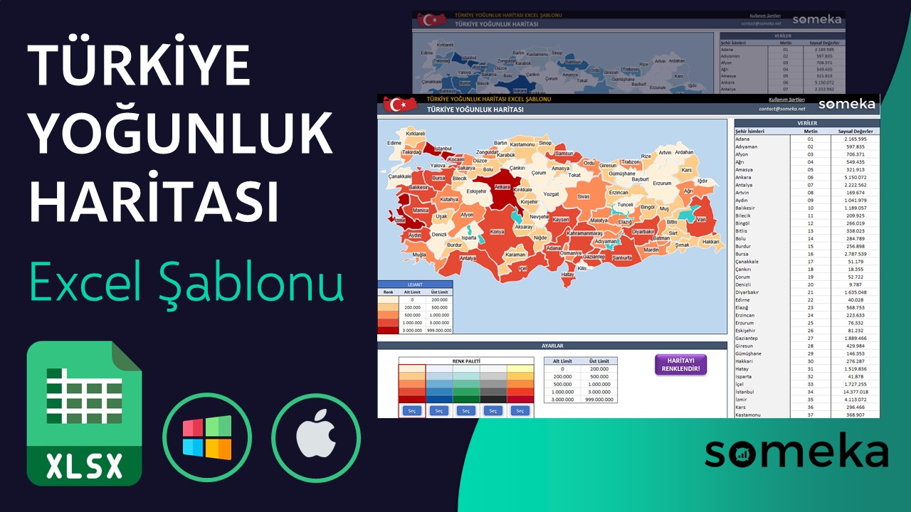 Türkiye Yoğunluk Haritası Şablonu - Someka Excel Şablonu Video