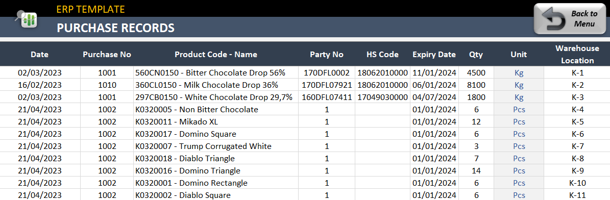 Purchase records with HS code and expiry date