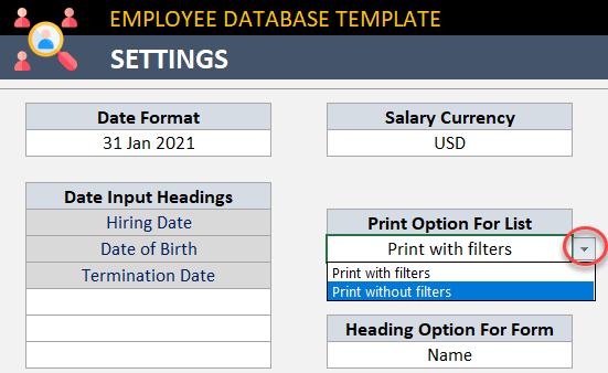 Print without filters of employee database excel tool