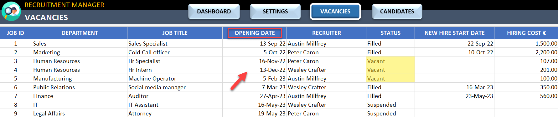 how to add opening date for recruitment tracker template