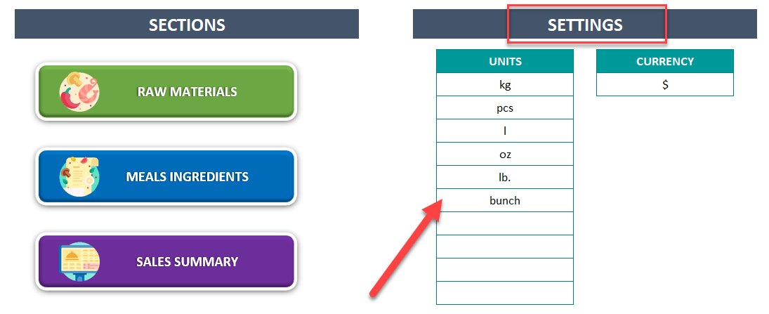 Settings of food cost to add different uints