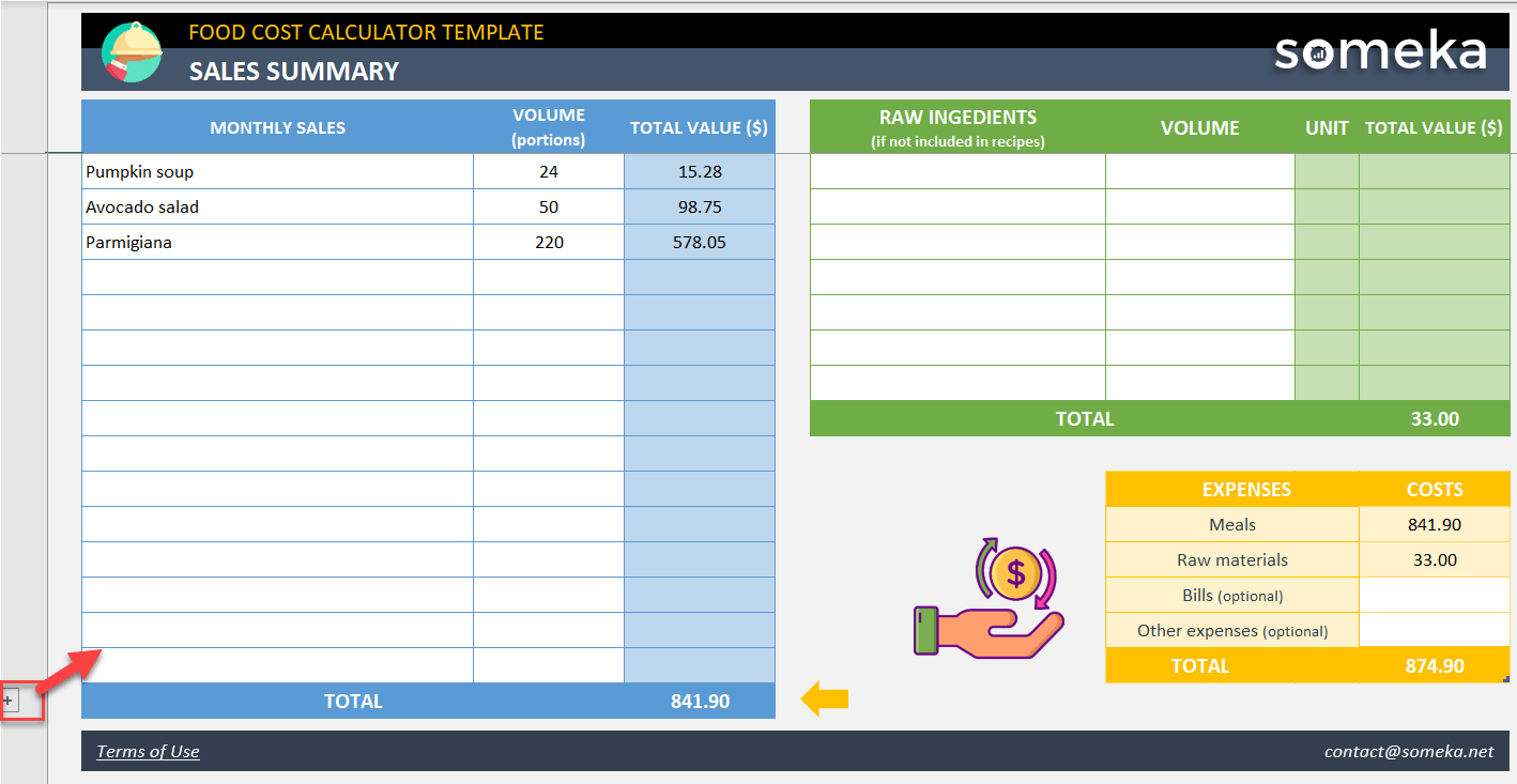 How to add more rows in to sales summary of meal prep template