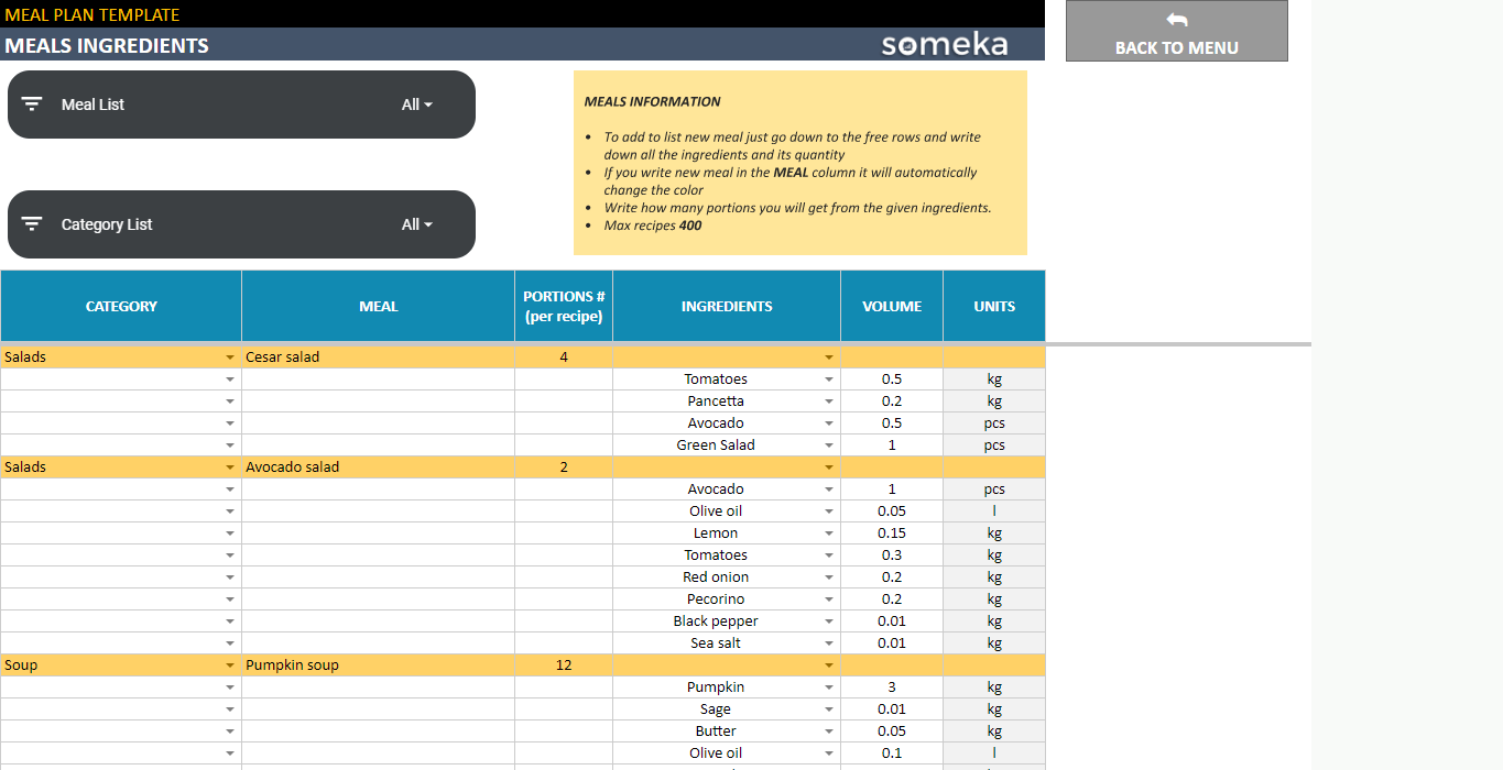 Meal Plan Template Google Sheets With Grocery List