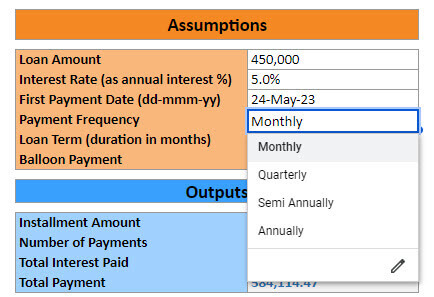 mortgage payment frequency filter in template