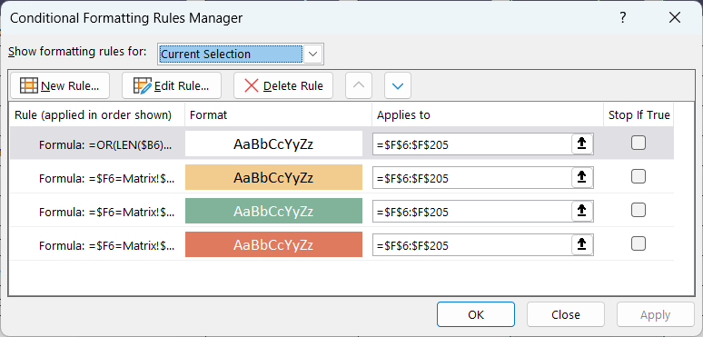 Conditional formatting rules manager to change the color of hazard template