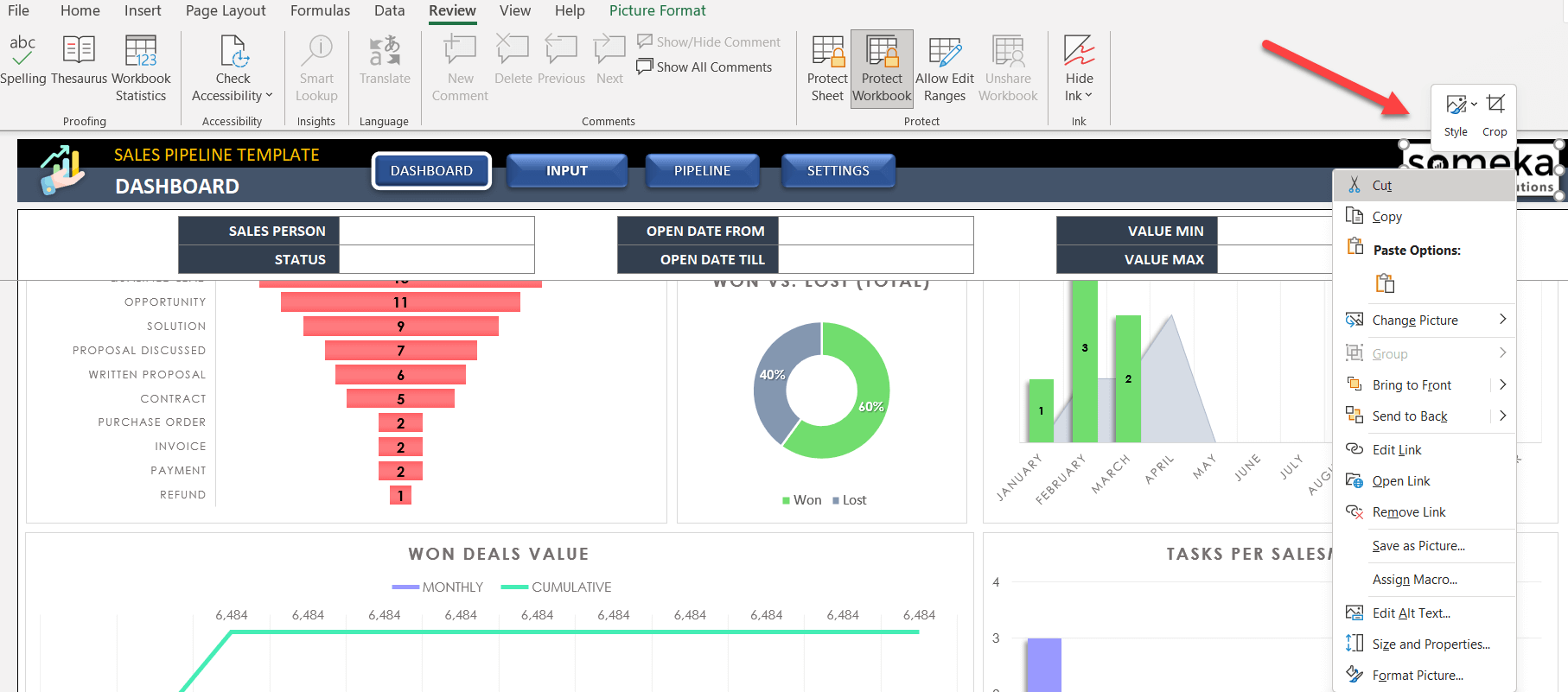 How to cut the Someka logo from the sales tracker Excel template