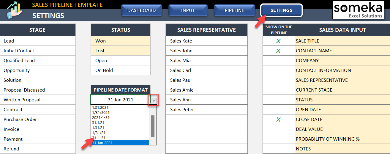 Change pipeline date format from settings