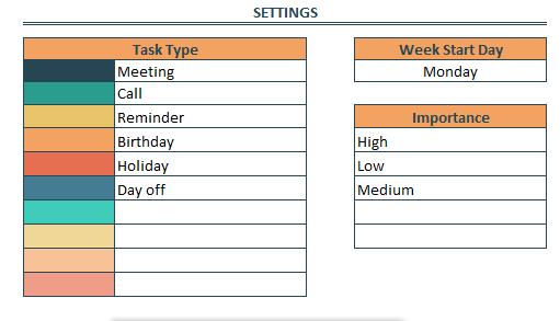 task types in excel agenda