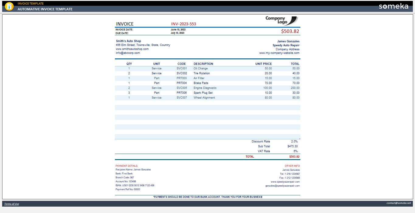 Automotive Invoice Template Someka Example Cover