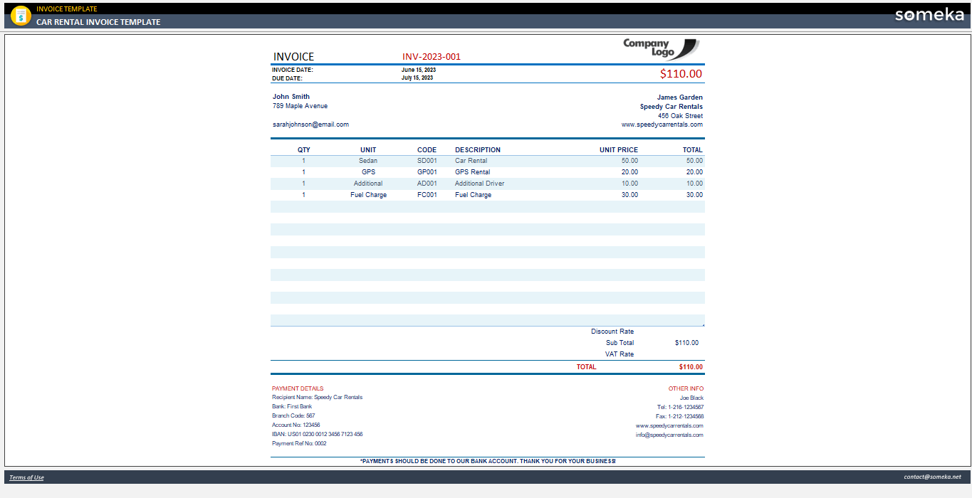 Car Rental Invoice Template Someka Example Cover