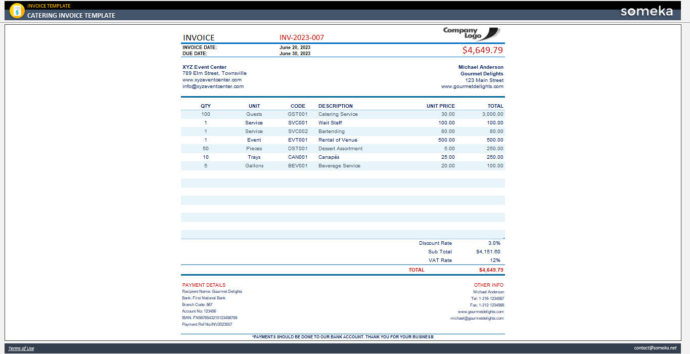 Catering Invoice Template Someka Example Cover