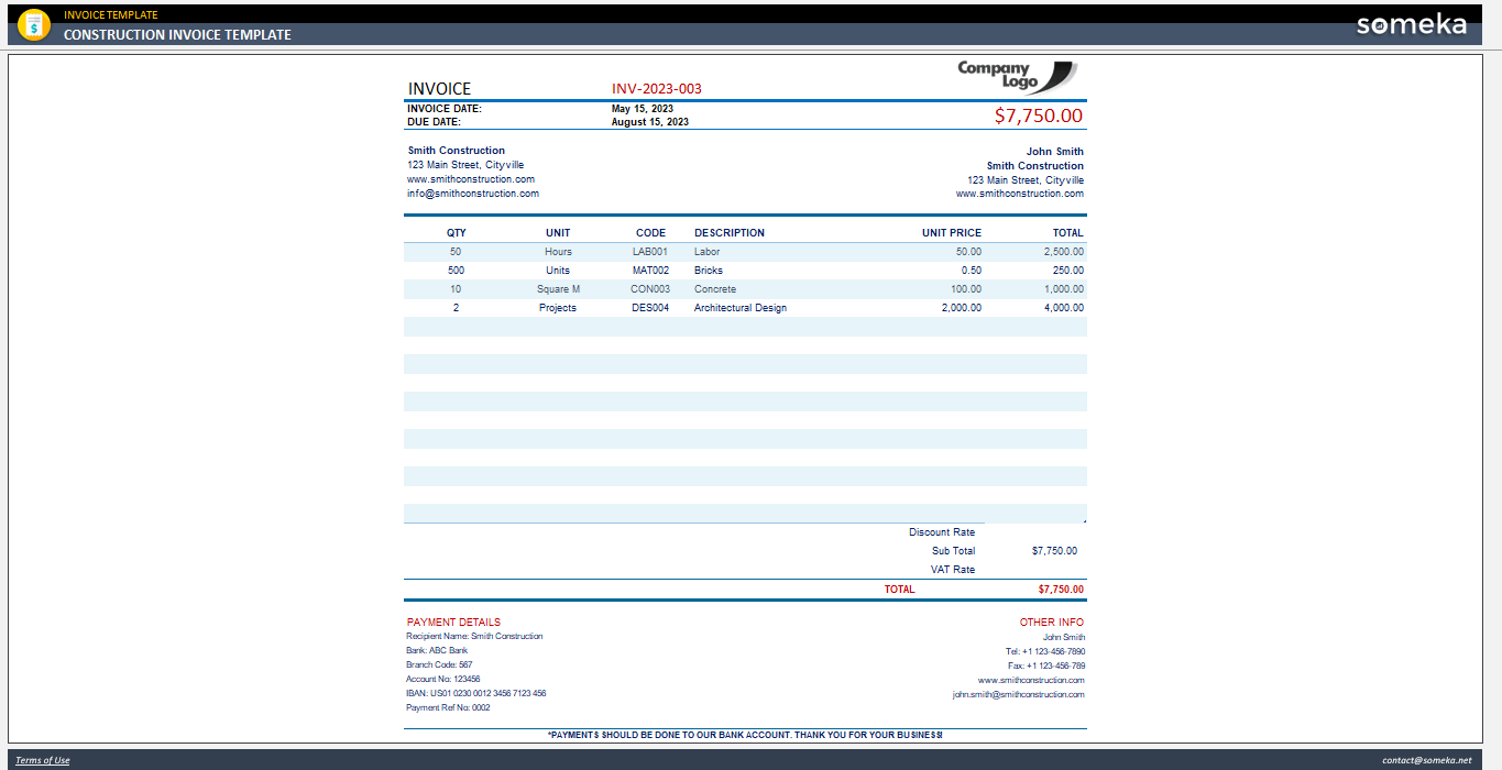 Construction Invoice Template Someka Example Cover