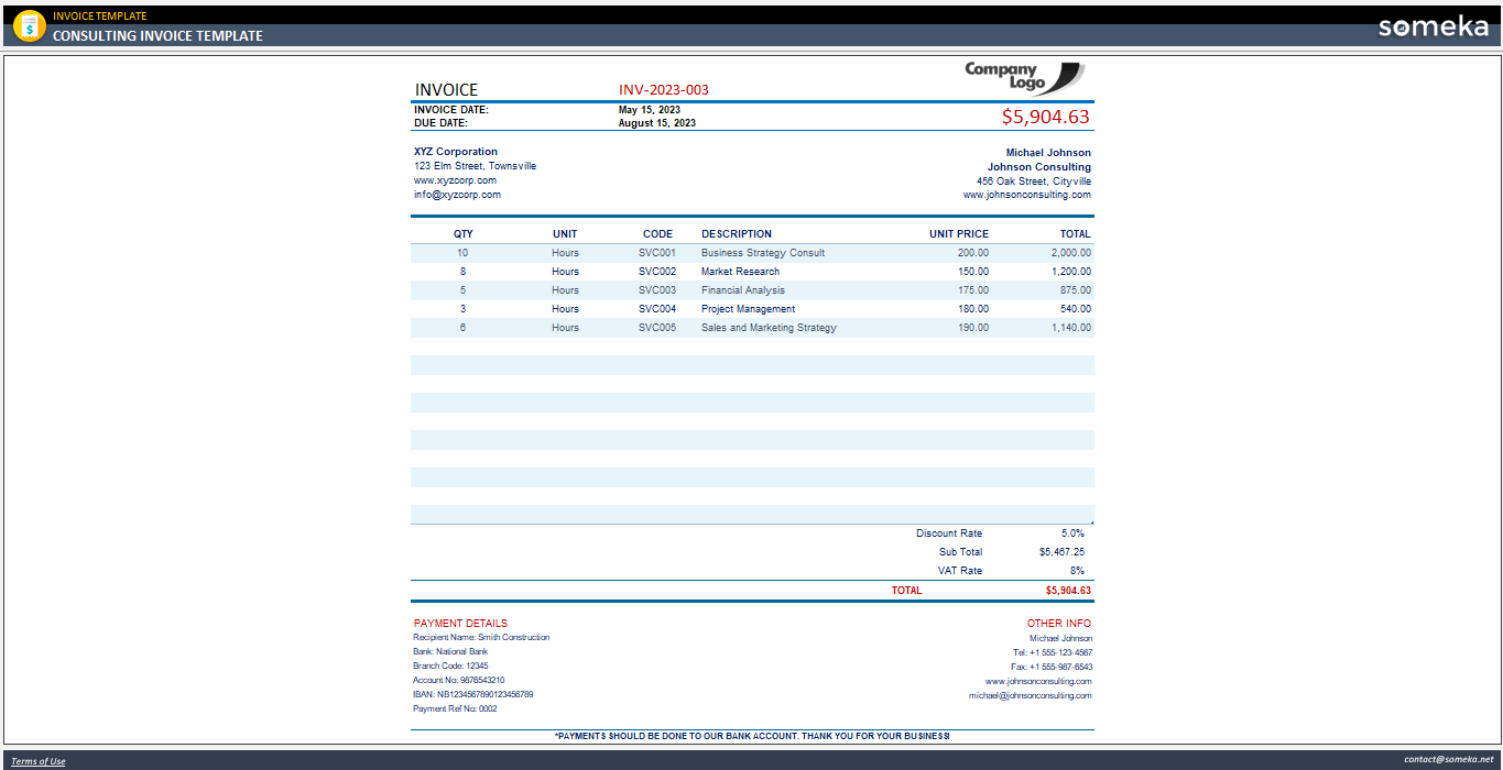 Consulting Invoice Template Someka Example Cover