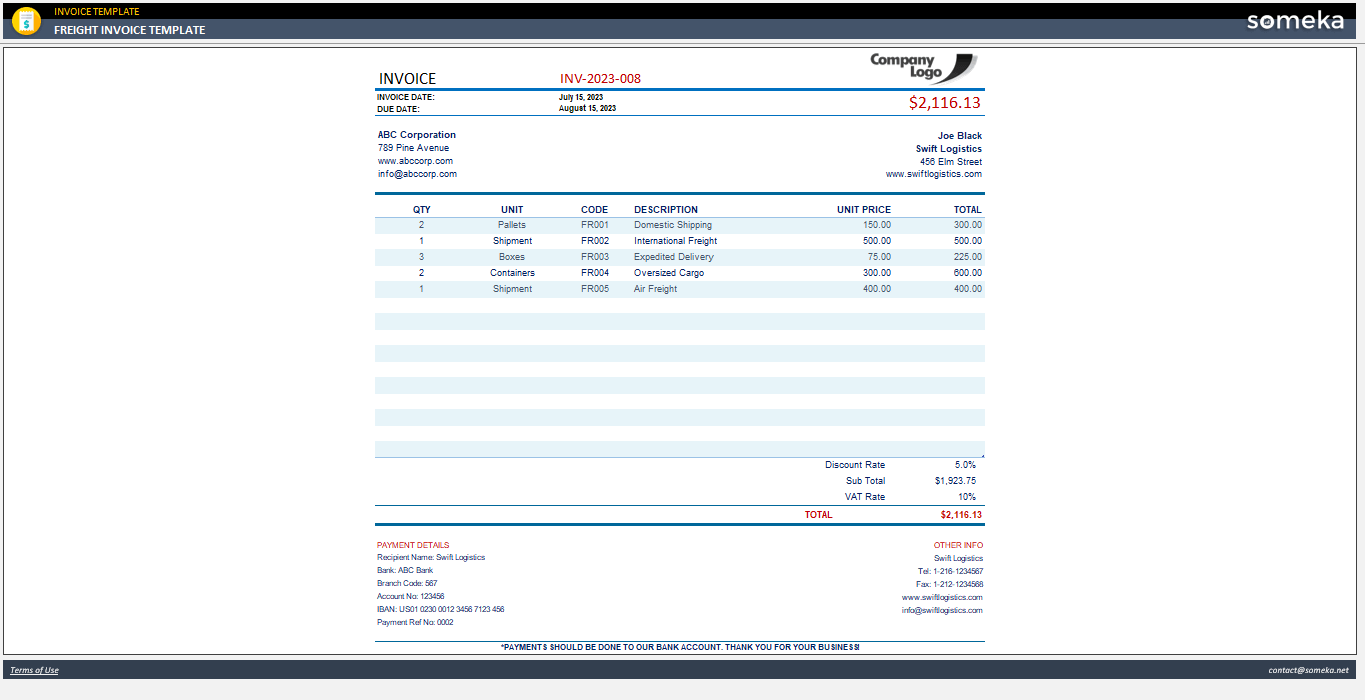 Freight Invoice Template Someka Example Cover