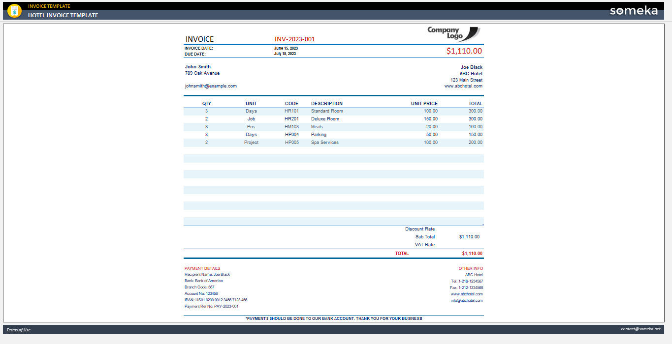 Hotel Invoice Template Someka Example Cover