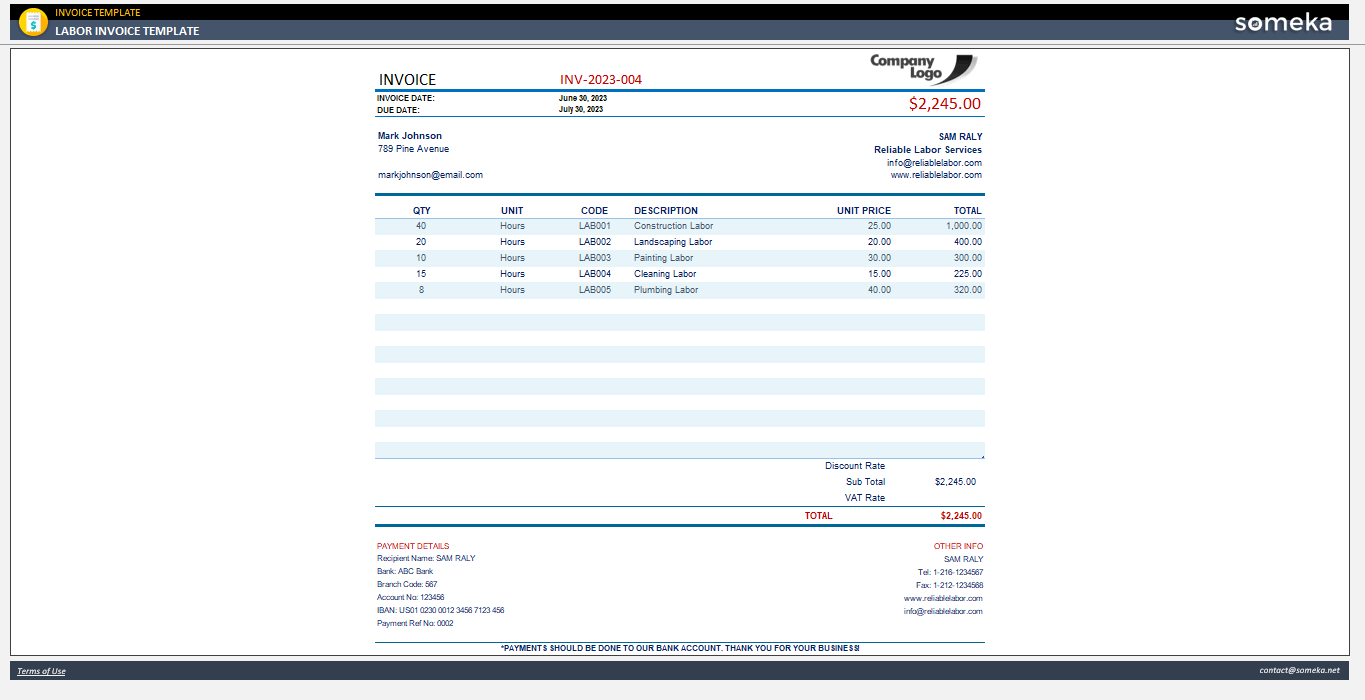 Labor Invoice Template Someka Example Cover