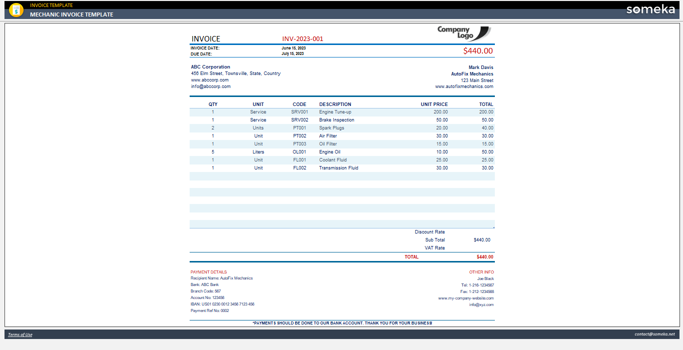 Mechanic Invoice Template Someka Example Cover